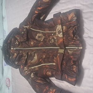 MDC hooded and belted jacket, size 8, dark brown with shiny gold pattern